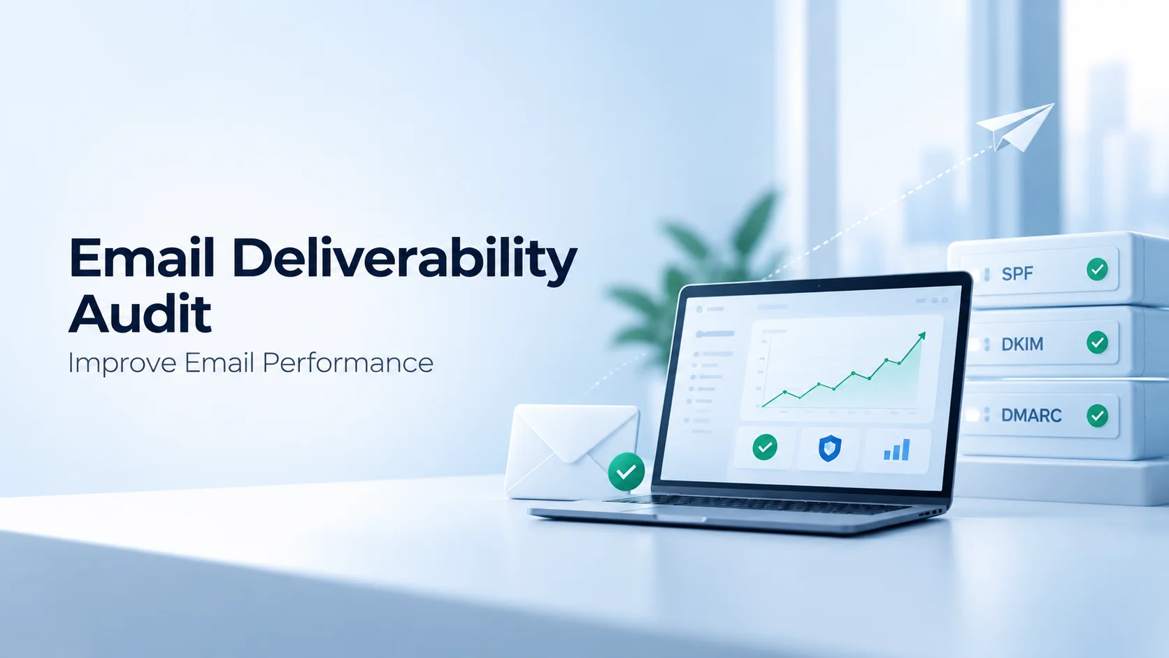 Email deliverability audit illustration with SPF, DKIM, and DMARC checks and an email performance dashboard